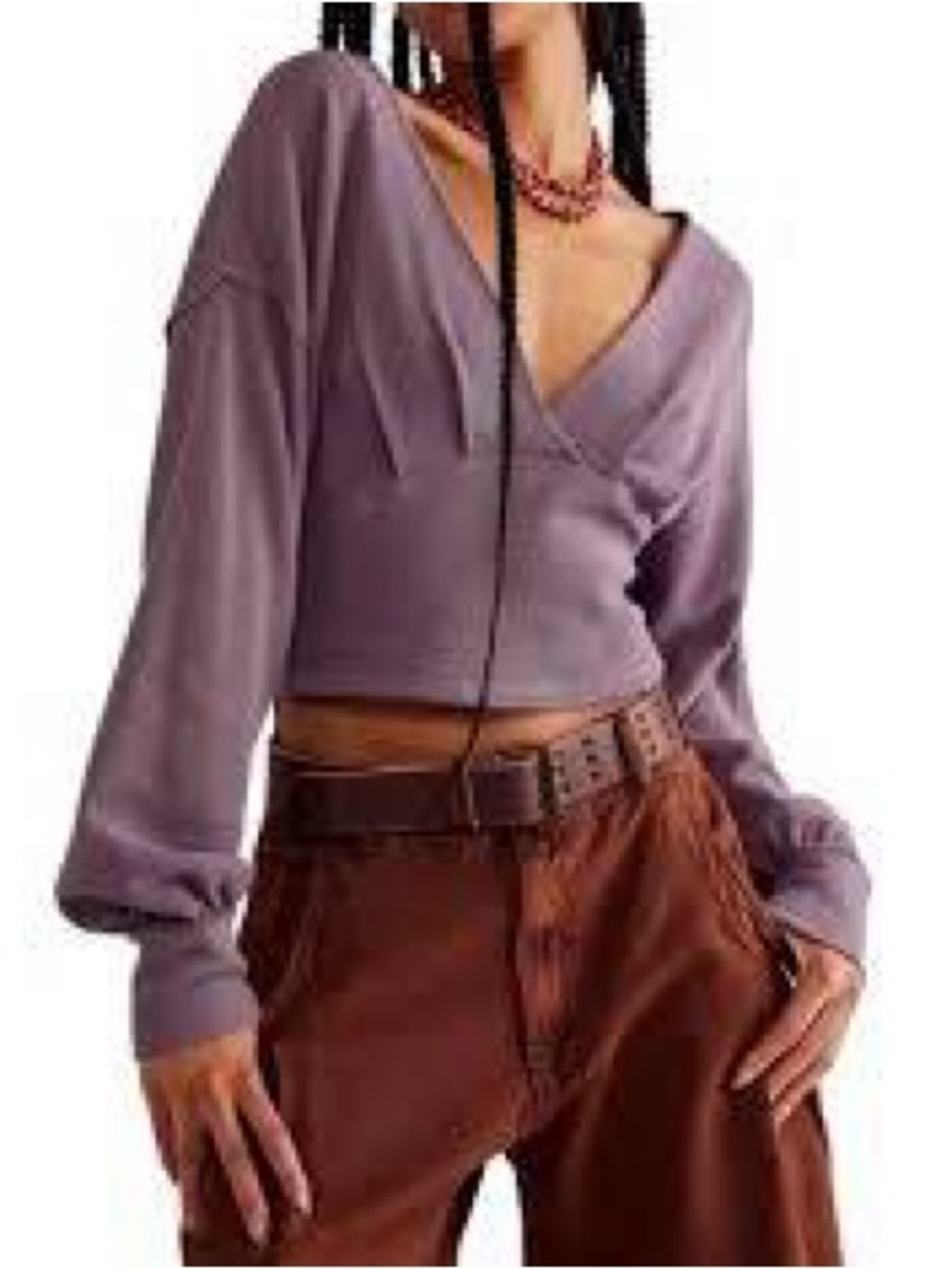 We the Free All Nighter Surpluce Cropped Ribbed V-Neck Top in Dusty Lavender - Picture 2 of 9